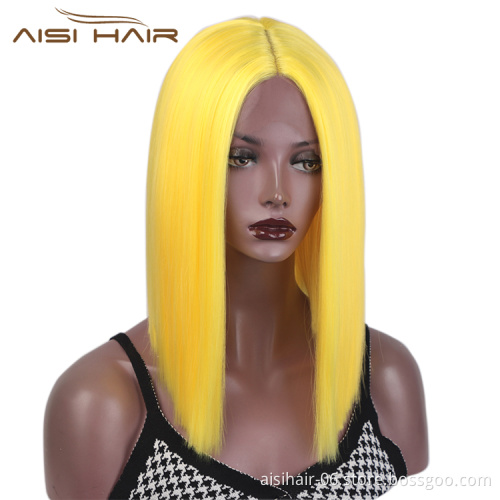 Aisi Hair Medium Long Yellow Wig Cosplay Front Lace Wig Middle Part Straight Silky Synthetic Lace Frontal Hair Wigs For Women